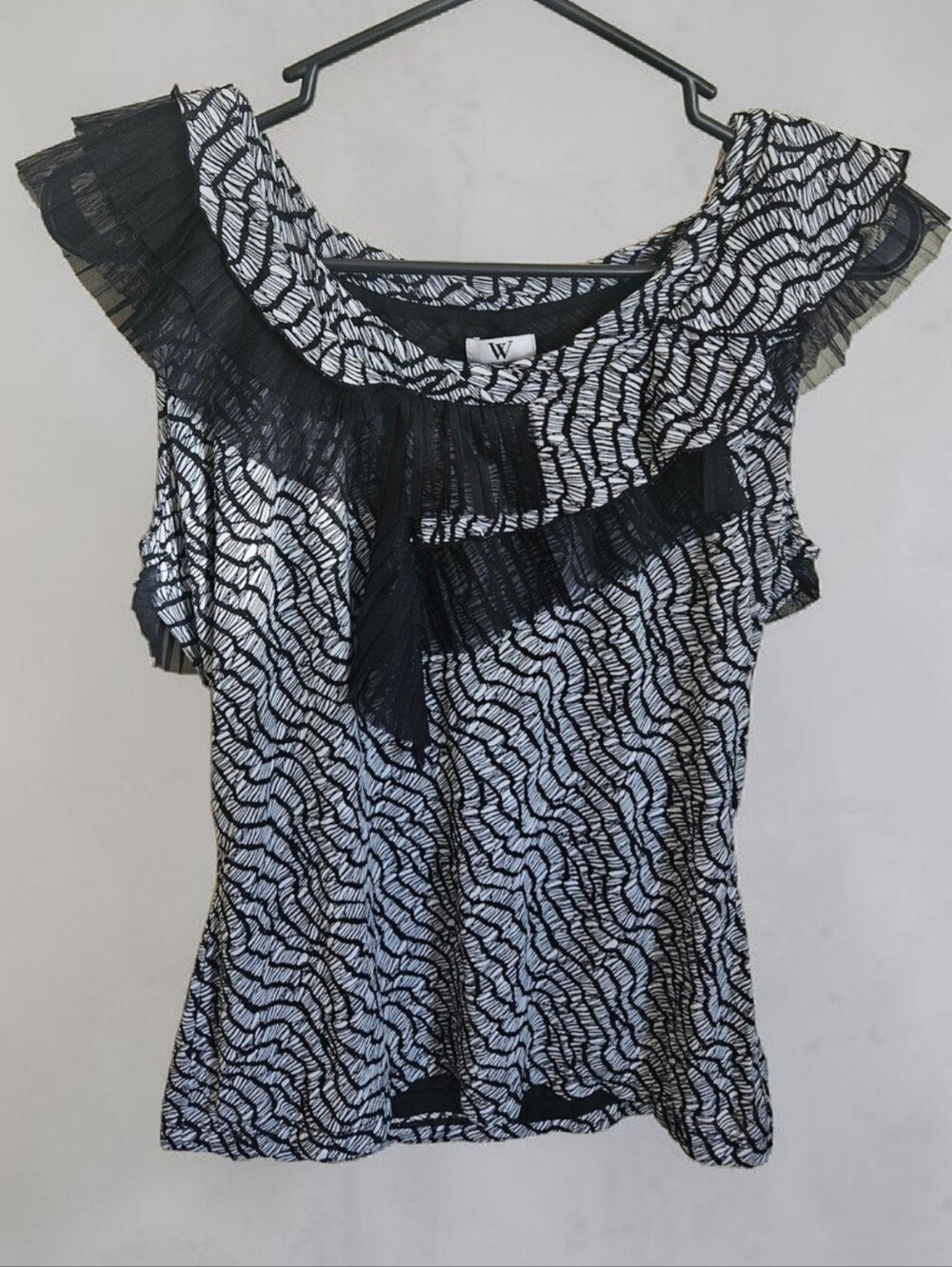 Worthington Black and White Ruffled Sheer-Trim Sleeveless Top